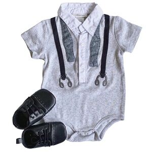 Miniclasix Suspender Applique Onesie Shoes Set Gray Black 9 Mons